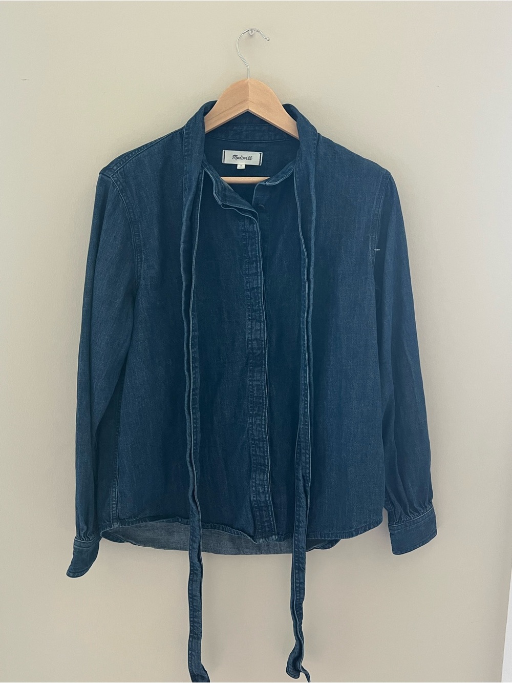 Madewell Tie-Neck Chambray Denim Button-Down Shirt Blouse Medium Blue Stretch - Picture 4 of 14